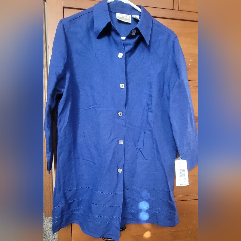 NWT Vintage Field Manor Linen Blend Button Up Size Medium  Royal Blue